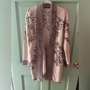 NIC+ZOE Beige Embroidered Open Cardigan with Red Berry Accents